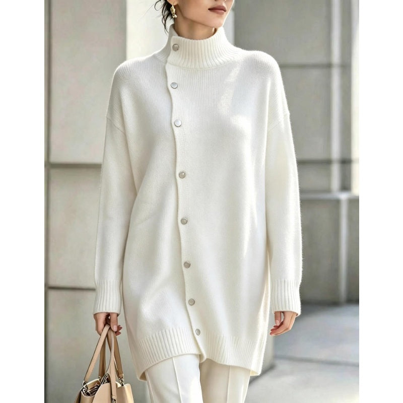 Clarinde - Women's Knitted Turtleneck Sweater with Asymmetrical Buttons