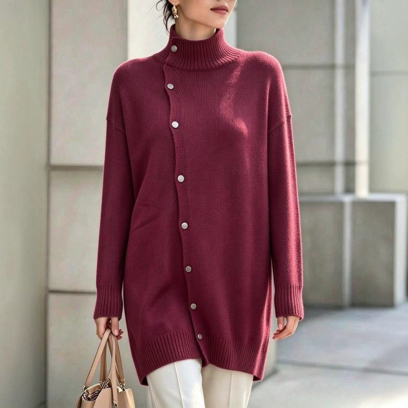 Clarinde - Women's Knitted Turtleneck Sweater with Asymmetrical Buttons