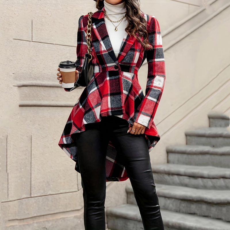 Cassandre - Veste femme peplum à carreaux asymétrique