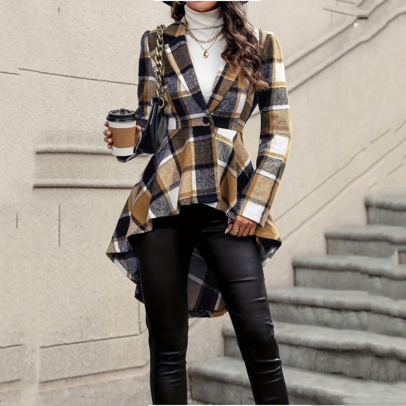 Cassandre - Veste femme peplum à carreaux asymétrique