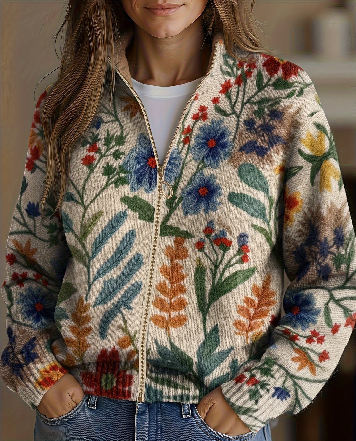 Hella - Cardigan femme zippée à imprimé floral