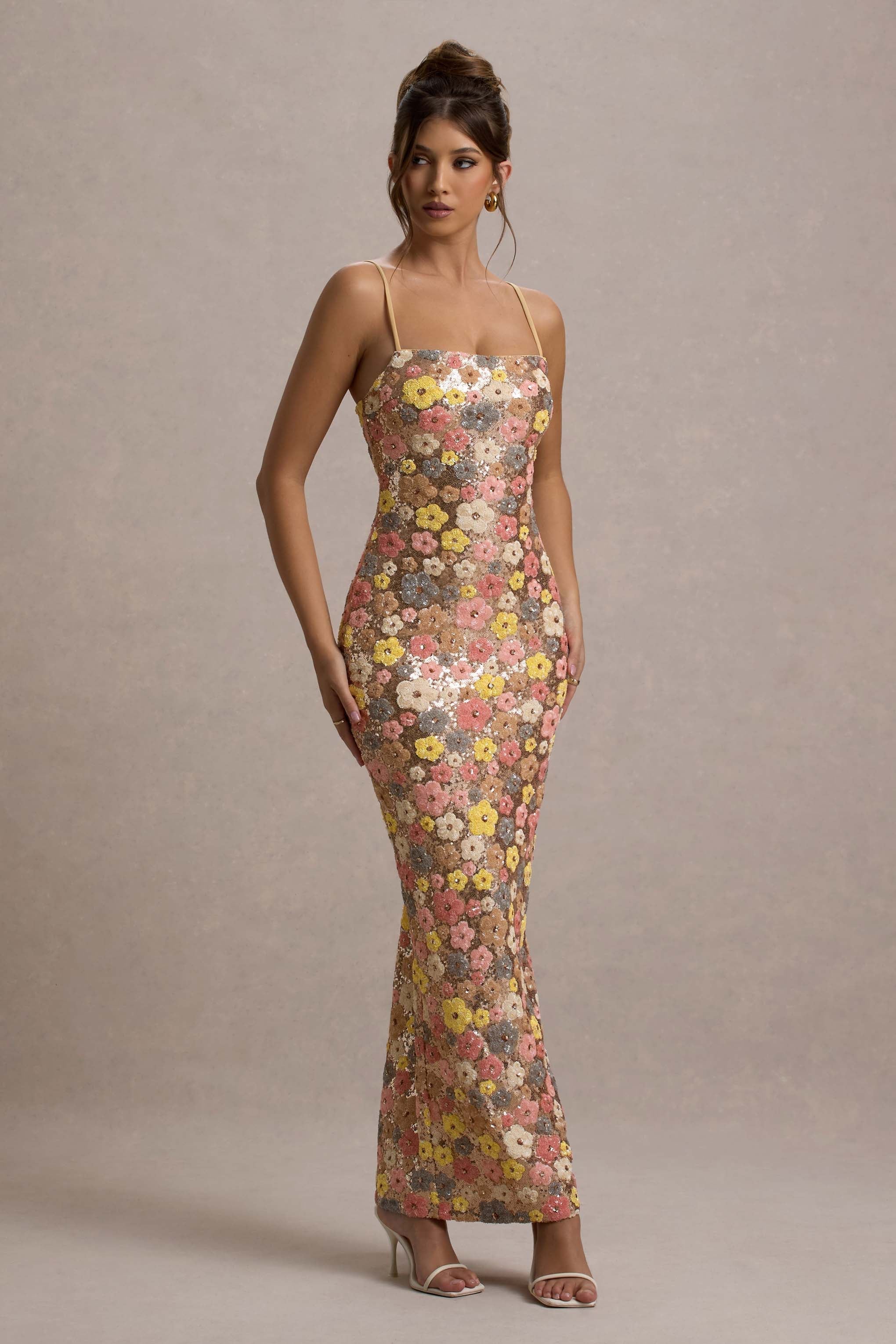 Lunovelle - Robe femme longue florale élégante à fines bretelles
