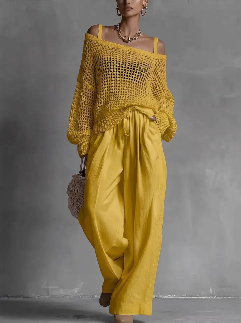 Cleora - Ensemble femme deux pièces avec pull ajouré et pantalon large