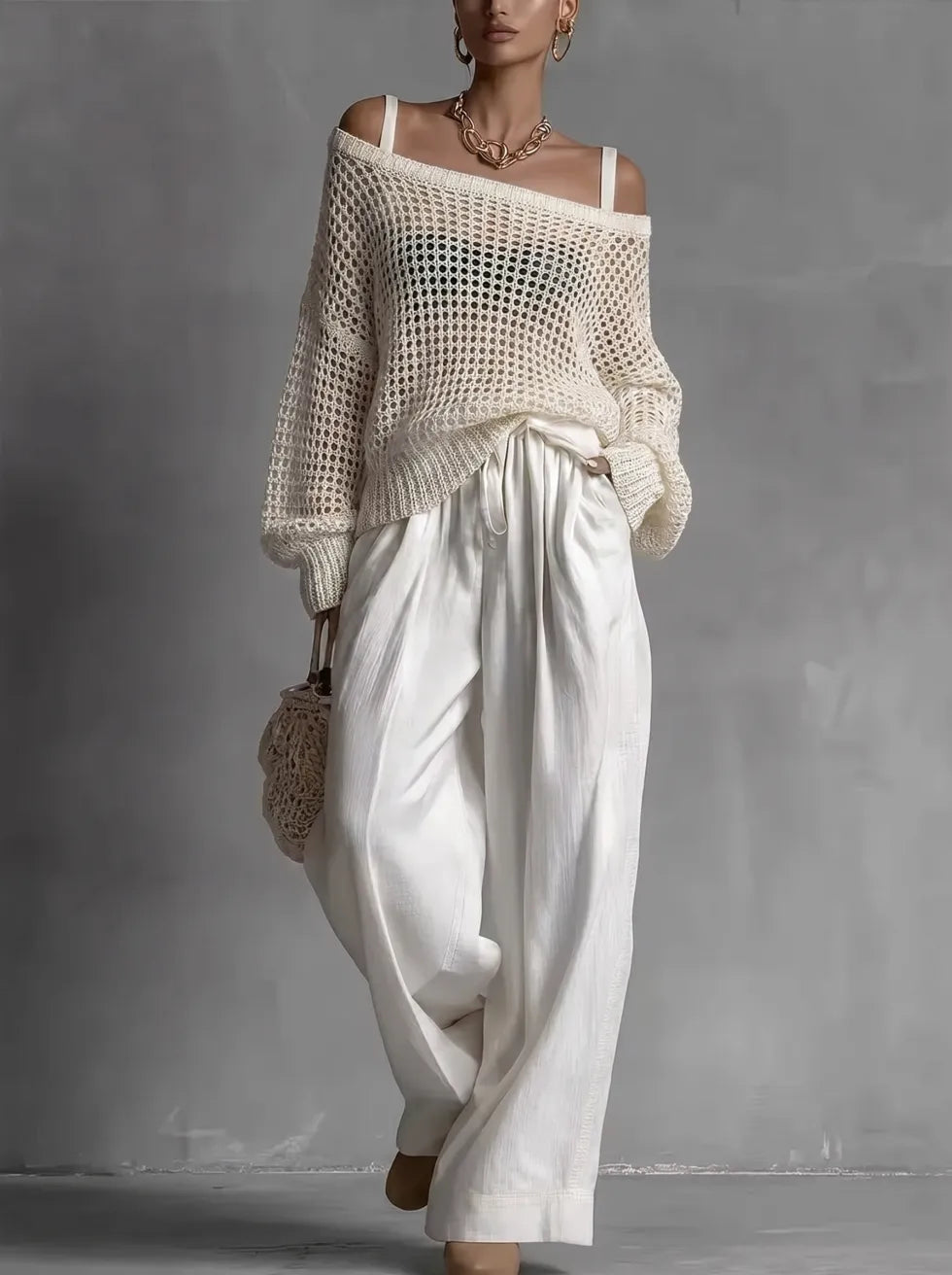 Cleora - Ensemble femme deux pièces avec pull ajouré et pantalon large