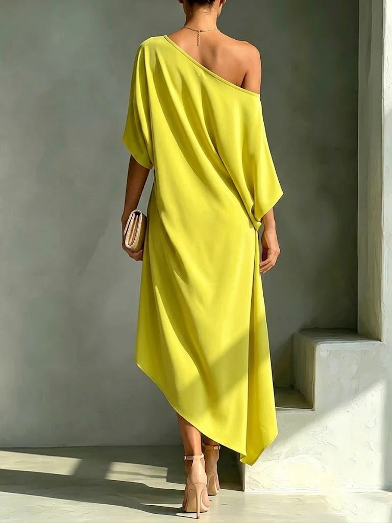 Helovyn - Robe midi femme asymétrique élégante à une épaule fluide