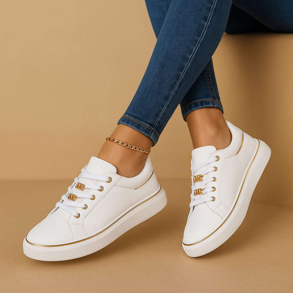 Adele - White Sneakers with Gold Detail for Women
