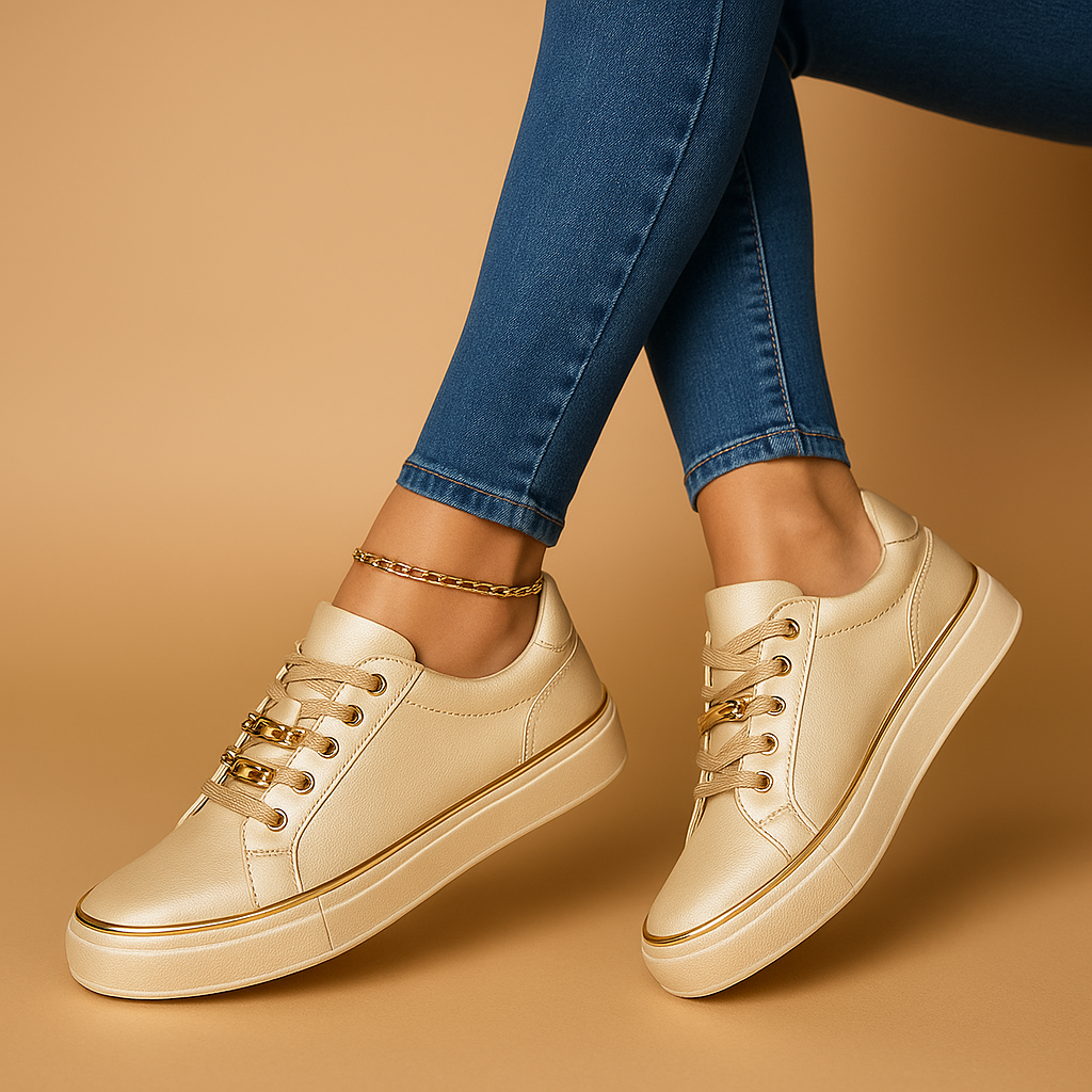 Adele - White Sneakers with Gold Detail for Women